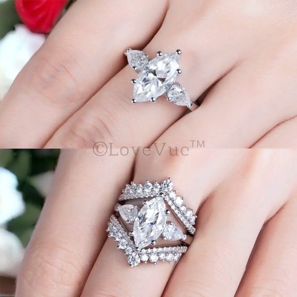 Certified 4ct. t.w. Diamond Moissanite Marquise Pear Cut Wedding Ring VVS1 - Picture 10 of 16